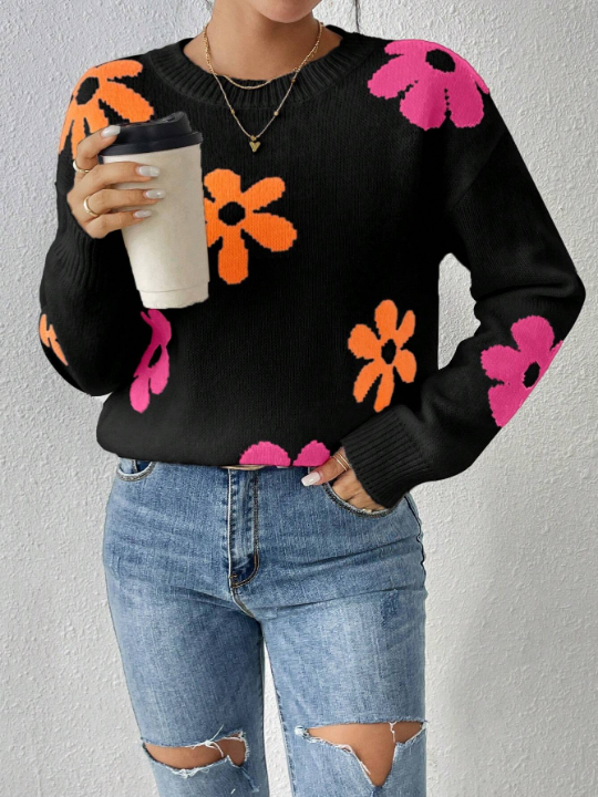 Floral Pattern Drop Shoulder Sweater