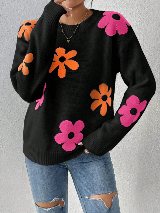 Floral Pattern Drop Shoulder Sweater