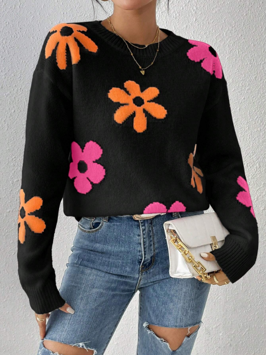 Floral Pattern Drop Shoulder Sweater