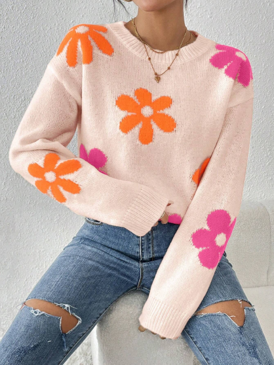 Floral Pattern Drop Shoulder Sweater