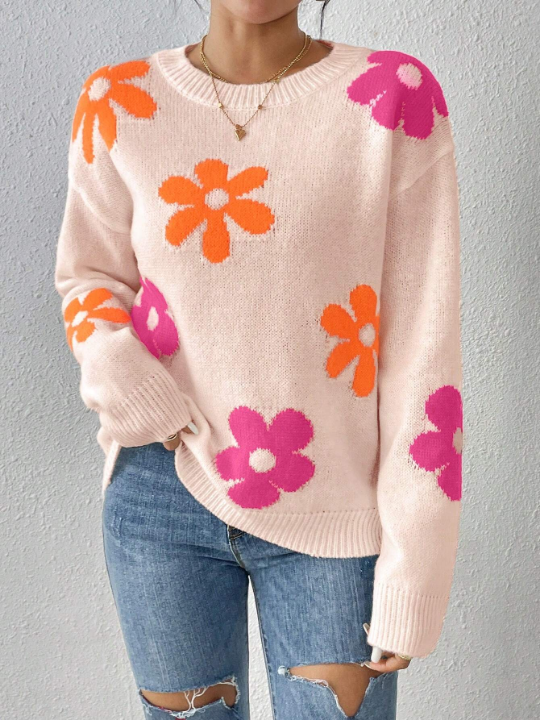 Floral Pattern Drop Shoulder Sweater