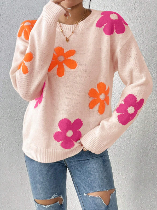 Floral Pattern Drop Shoulder Sweater