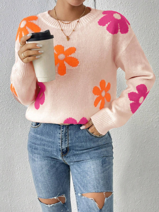 Floral Pattern Drop Shoulder Sweater