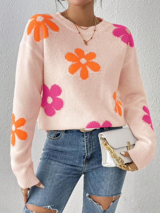 Floral Pattern Drop Shoulder Sweater