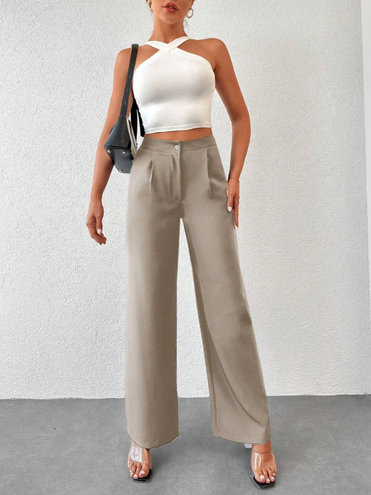 Plicated Detail Wide Leg Pants