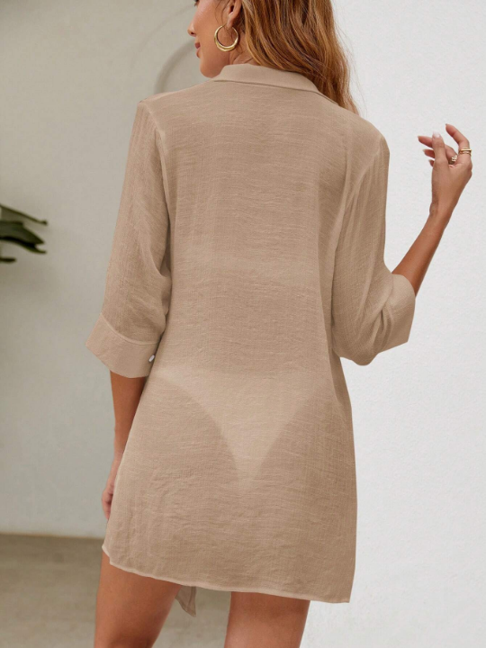 Swim Vcay Solid Button Front Curved Hem Shirt Dress