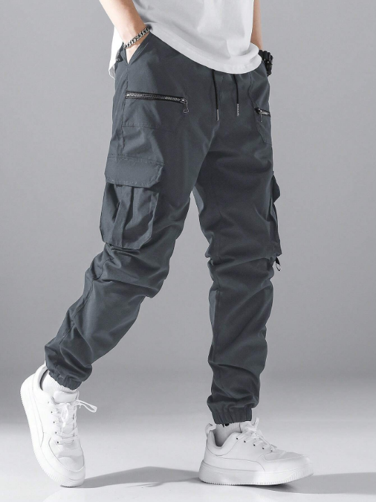 Manfinity Loose Fit Men's Cargo Pants With Flap Pockets, Side Drawstring Waist