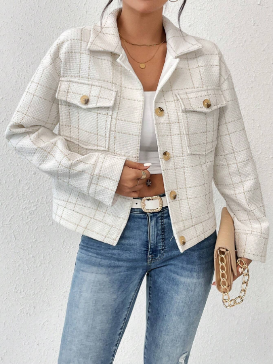 Priv Plaid Print Drop Shoulder Flap Pocket Jacket