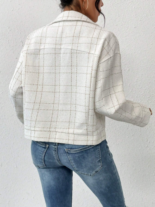 Priv Plaid Print Drop Shoulder Flap Pocket Jacket