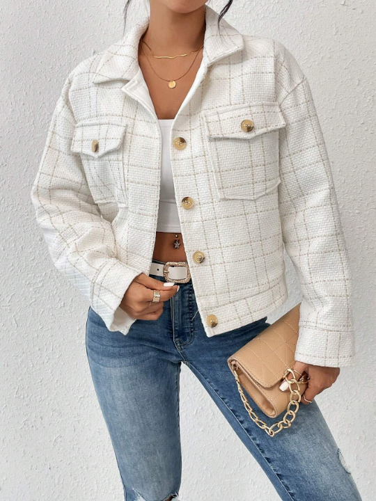 Priv Plaid Print Drop Shoulder Flap Pocket Jacket