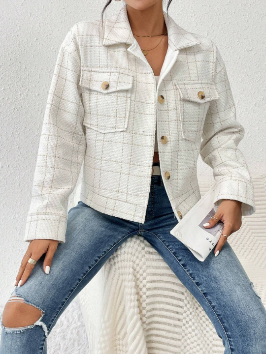 Priv Plaid Print Drop Shoulder Flap Pocket Jacket