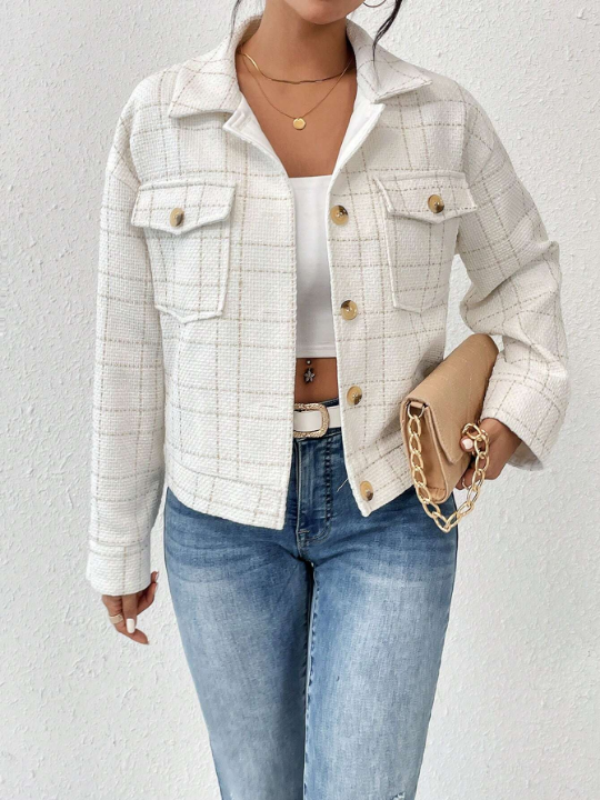 Priv Plaid Print Drop Shoulder Flap Pocket Jacket