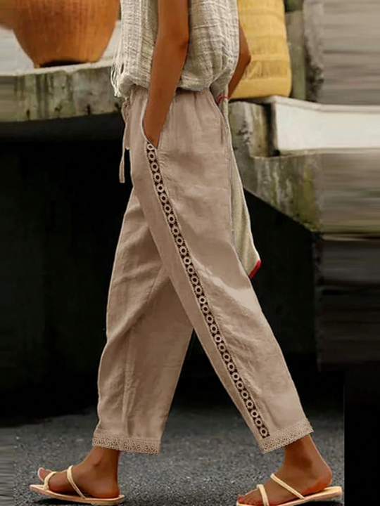 Women's Straight Linen Mid Waist Casual Streetwear Vacation Lace Pocket Solid Color Long Pants