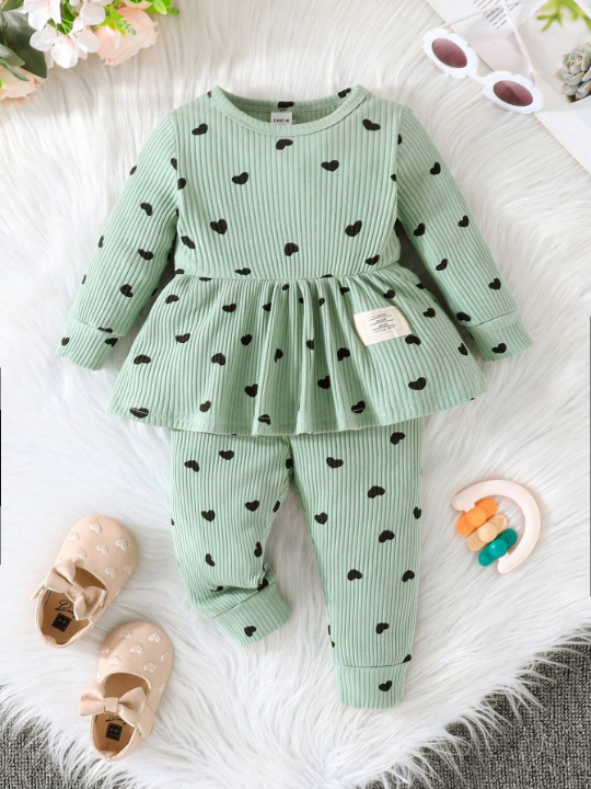 Baby Girl Heart Print Peplum Top & Pants