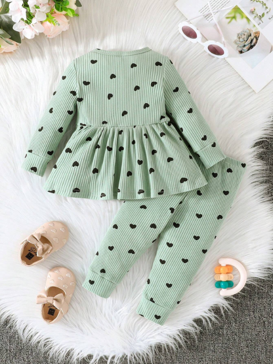 Baby Girl Heart Print Peplum Top & Pants