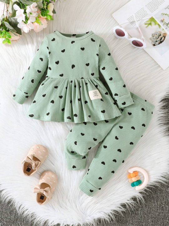 Baby Girl Heart Print Peplum Top & Pants