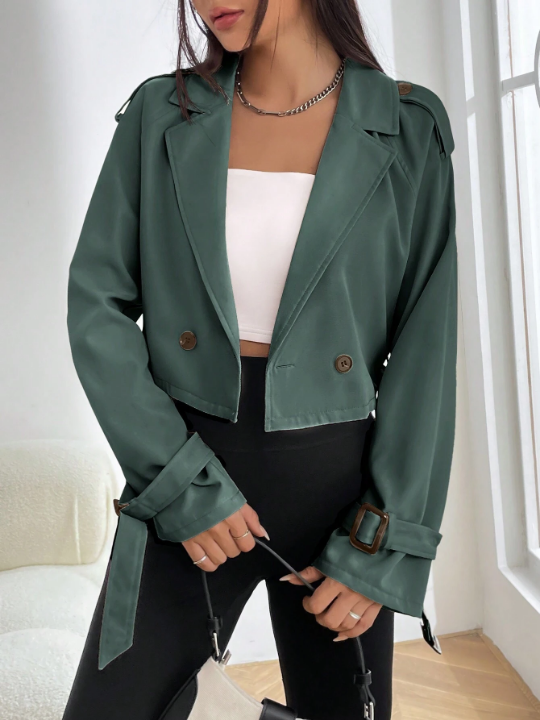 EZwear Buckle Sleeve Double Button Cuff Crop Trench Coat