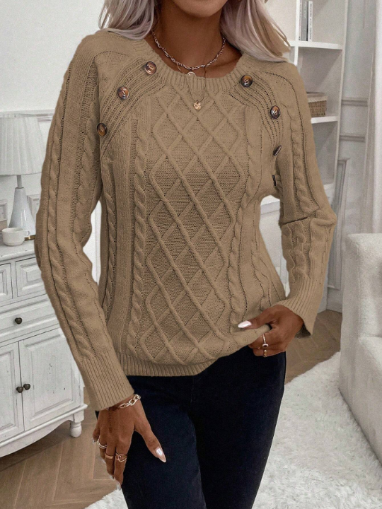LUNE Cable Knit Raglan Sleeve Button Detail Sweater