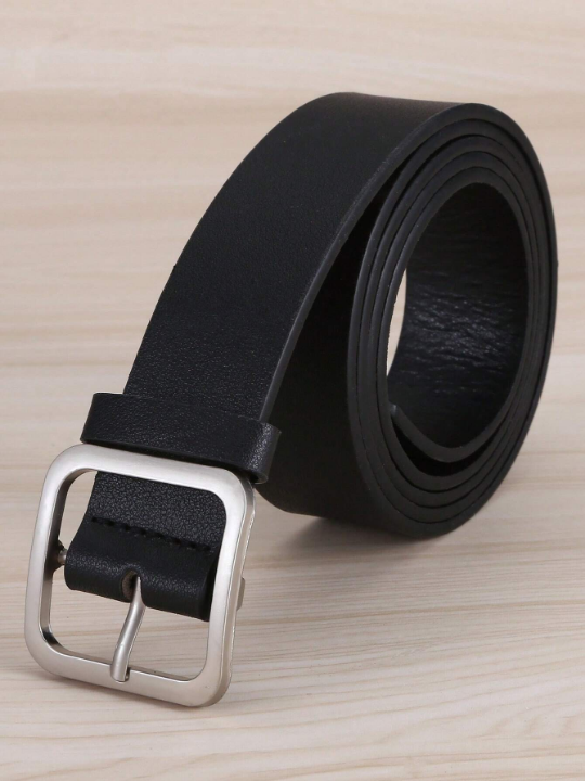 1pc Women's Fashion Black Square Buckle Pu Belt, Suitable For Daily Wear, Classic Wide Style