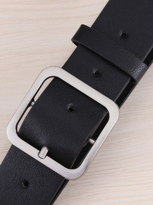 1pc Women's Fashion Black Square Buckle Pu Belt, Suitable For Daily Wear, Classic Wide Style