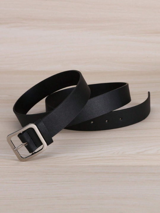 1pc Women's Fashion Black Square Buckle Pu Belt, Suitable For Daily Wear, Classic Wide Style