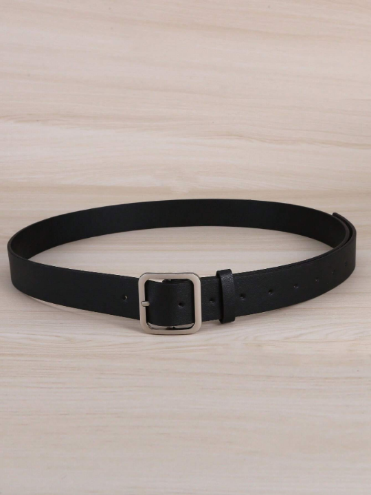 1pc Women's Fashion Black Square Buckle Pu Belt, Suitable For Daily Wear, Classic Wide Style