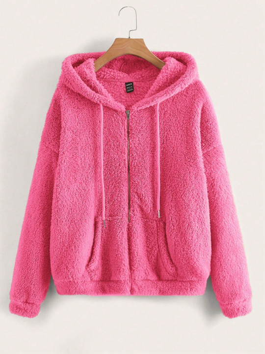 LUNE Drop Shoulder Drawstring Hooded Fleece Jacket