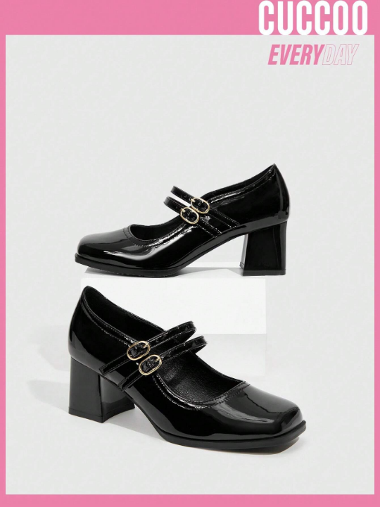 Cuccoo Everyday Collection Women Shoes Fashionable & Comfortable & Versatile Mary Jane Black Chunky High-Heeled Shoes With Double Buckle Collegiate Style