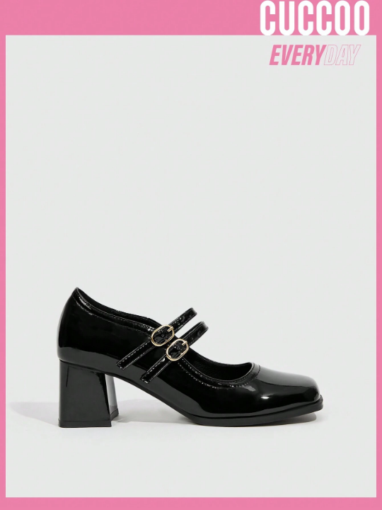 Cuccoo Everyday Collection Women Shoes Fashionable & Comfortable & Versatile Mary Jane Black Chunky High-Heeled Shoes With Double Buckle Collegiate Style