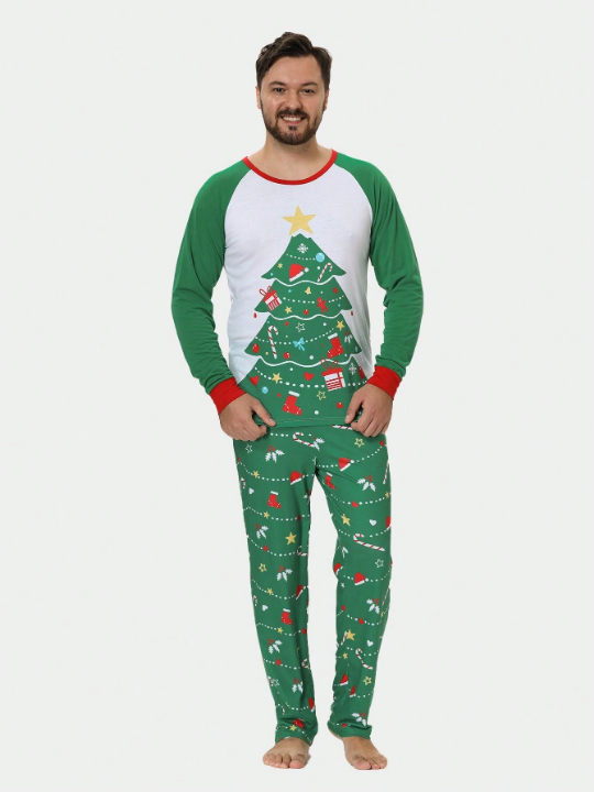 Men Christmas Print Raglan Sleeve 1pc Top & 1pc Pants PJ Set