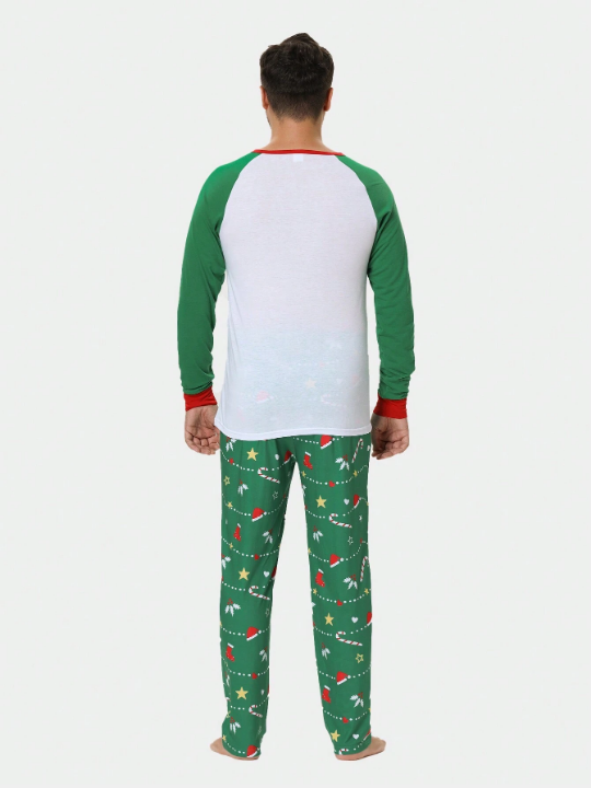 Men Christmas Print Raglan Sleeve 1pc Top & 1pc Pants PJ Set