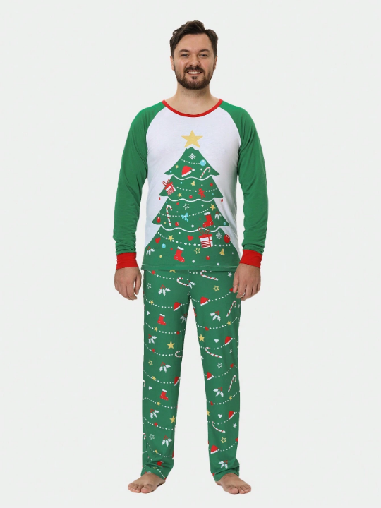 Men Christmas Print Raglan Sleeve 1pc Top & 1pc Pants PJ Set