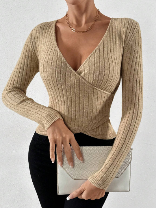 Essnce Solid Wrap Cross Ribbed Knit Sweater