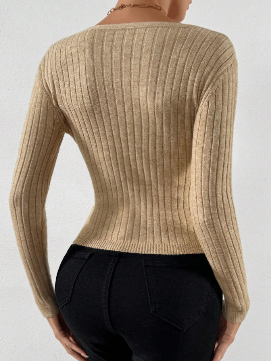 Essnce Solid Wrap Cross Ribbed Knit Sweater