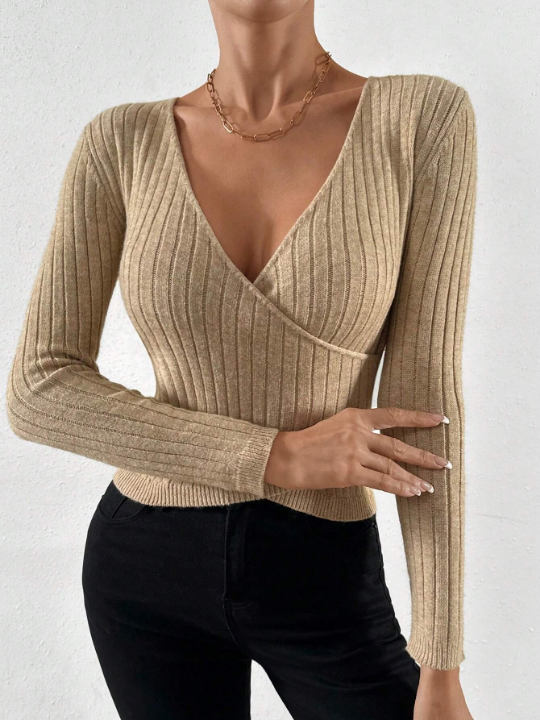 Essnce Solid Wrap Cross Ribbed Knit Sweater