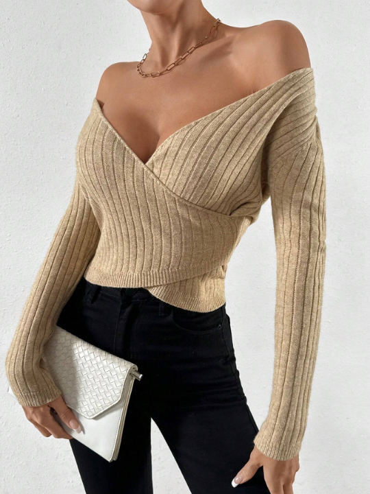 Essnce Solid Wrap Cross Ribbed Knit Sweater