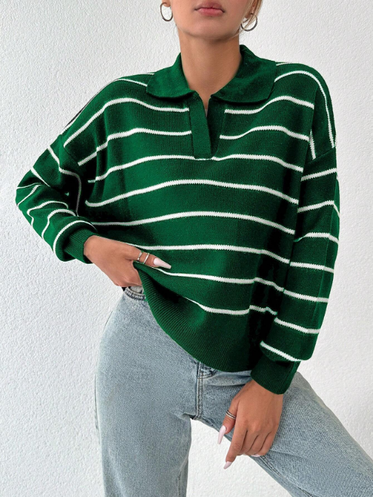 Striped Pattern Drop Shoulder Sweater