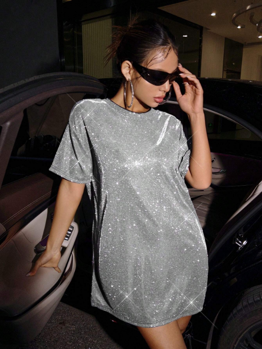 ICON Silver Drop Shoulder Glitter Concert  Outfits Tee Dress