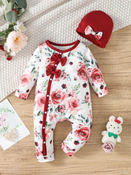 Baby Girl Floral Print Bow Front Contrast Binding Jumpsuit & Hat