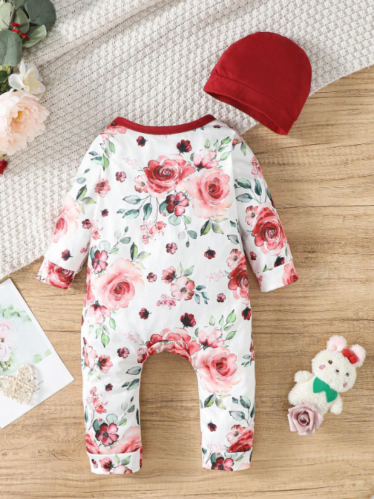 Baby Girl Floral Print Bow Front Contrast Binding Jumpsuit & Hat