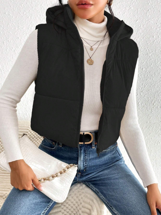 Frenchy Zip Up Hooded Crop Puffer Vest Coat