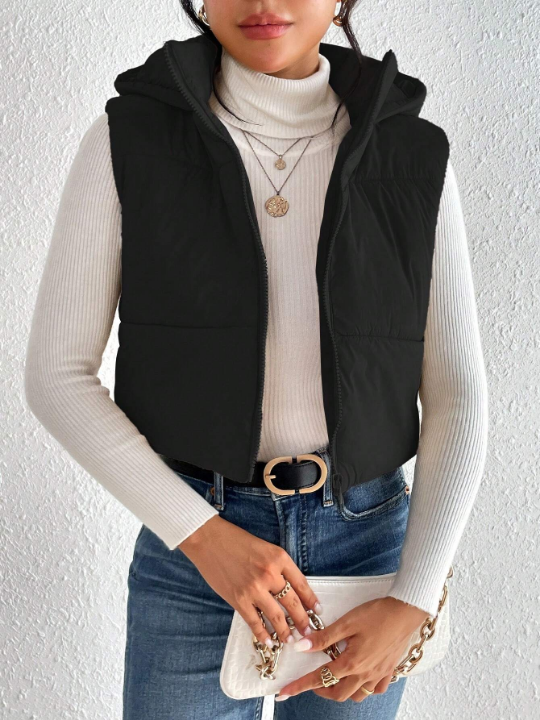 Frenchy Zip Up Hooded Crop Puffer Vest Coat