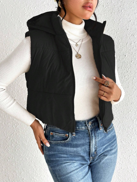 Frenchy Zip Up Hooded Crop Puffer Vest Coat