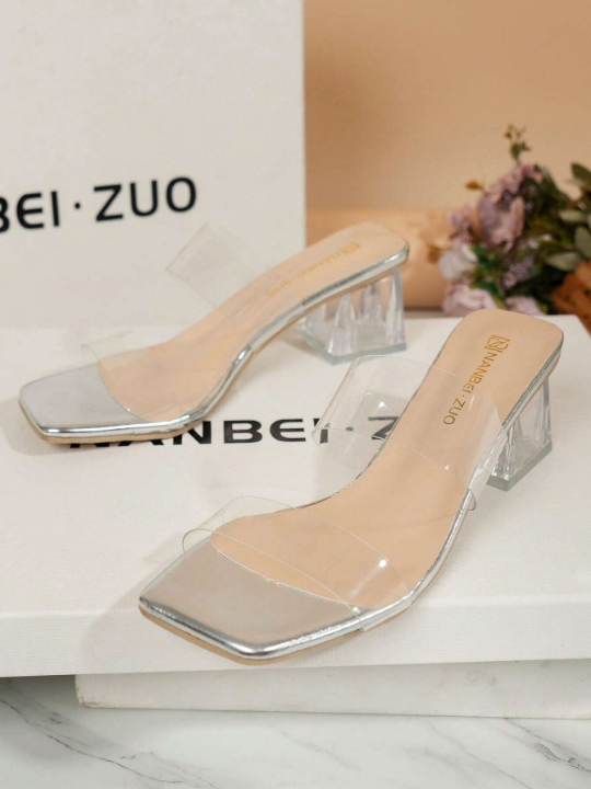 2023 New Arrival Women's High Heel Sandals For Holiday Season, Featuring Double Strap, Clear Band, Crystal Heel, Elegant And Fashionable, Perfect For Christmas And Outdoor Activities