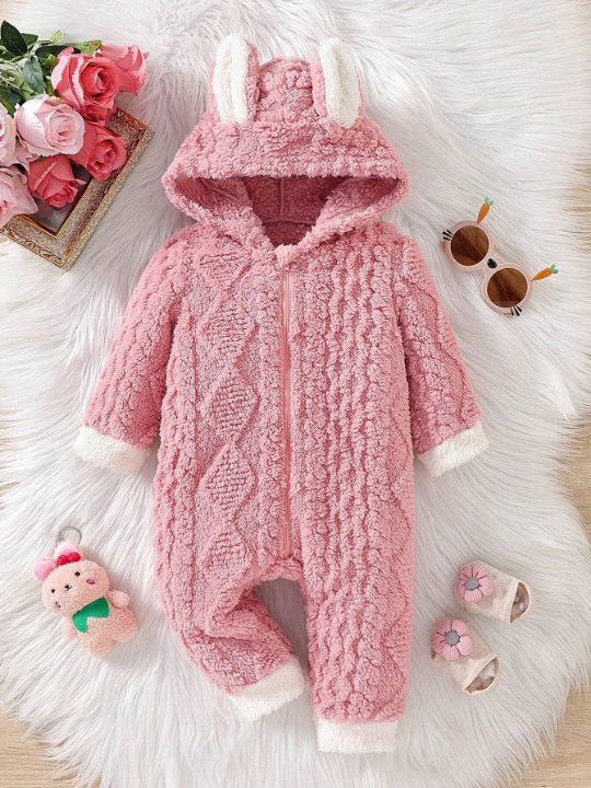 Baby Girls' Cute Furry Rabbit Ear Hooded Jumpsuit For Fall/winter