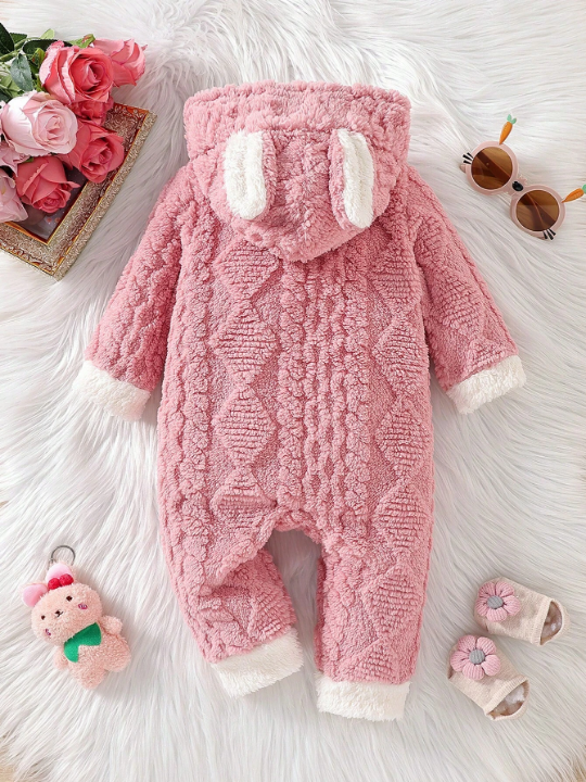 Baby Girls' Cute Furry Rabbit Ear Hooded Jumpsuit For Fall/winter