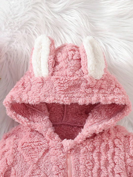 Baby Girls' Cute Furry Rabbit Ear Hooded Jumpsuit For Fall/winter