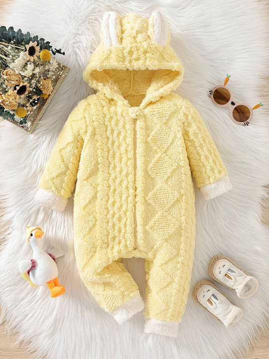 Baby Girl Cute Hooded Rabbit Ear Jumpsuit With Plush Material For Autumn And Winter