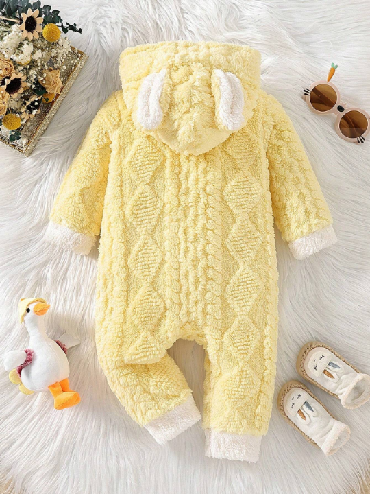 Baby Girl Cute Hooded Rabbit Ear Jumpsuit With Plush Material For Autumn And Winter