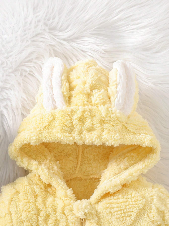 Baby Girl Cute Hooded Rabbit Ear Jumpsuit With Plush Material For Autumn And Winter